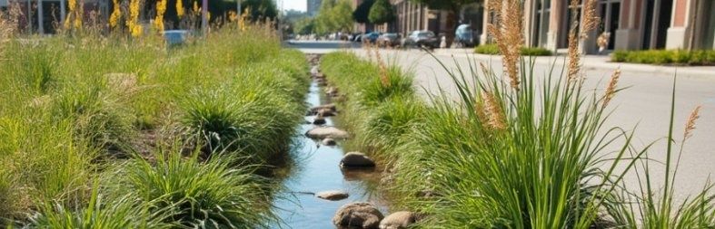 Vegetated bioswale channel beside an urban street with rocks and grasses
