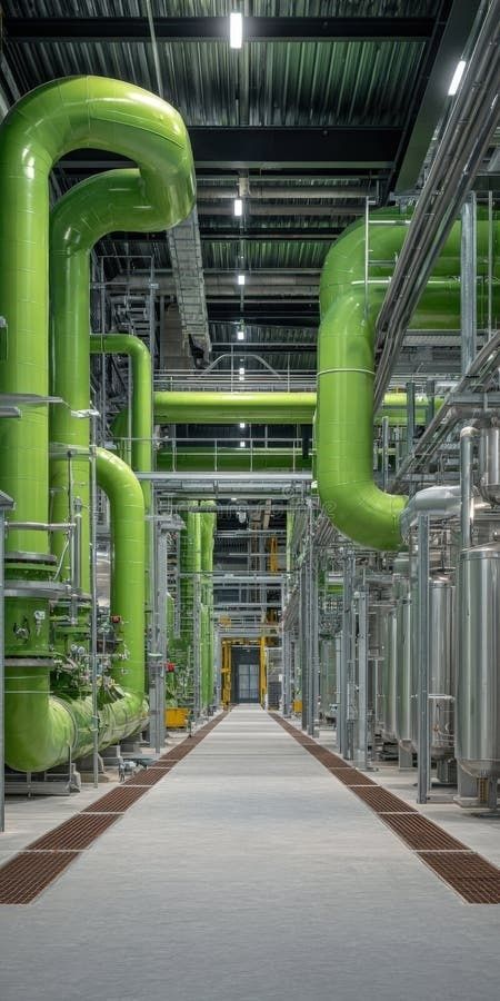 Industrial cooling plant corridor with large green pipes and equipment