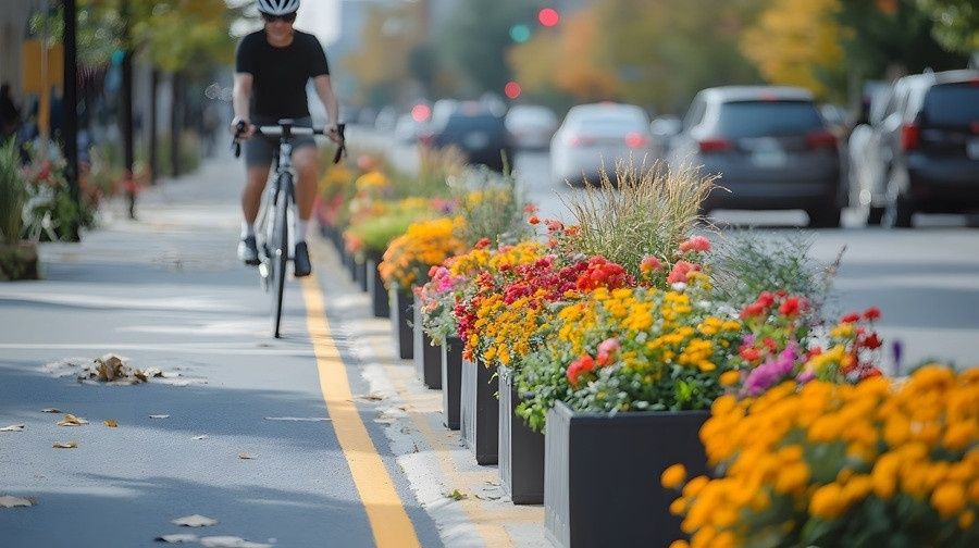 Cyclist riding beside colorful planters along a marked street lane